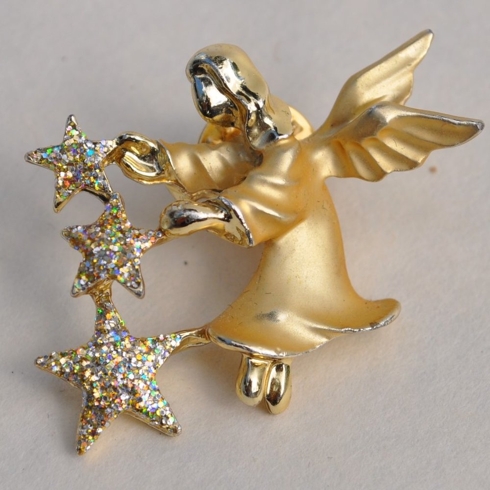 3 for $36 - gold tone angel with glitter stars brooch pin signed gigi (503)